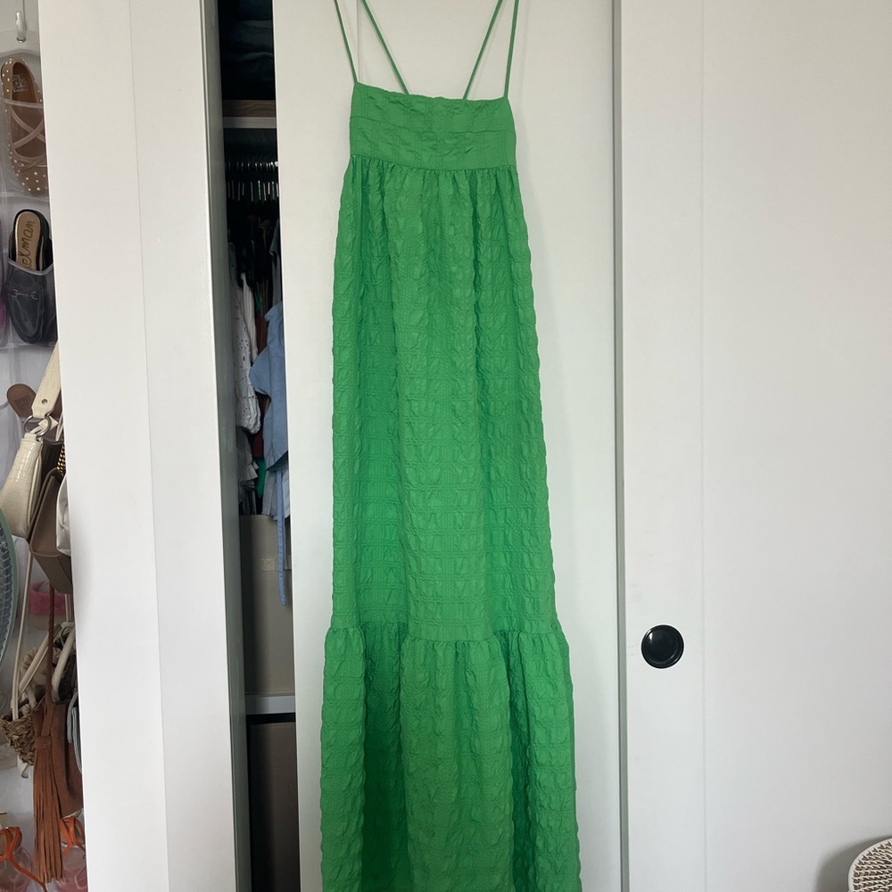 Zara Bright Green Textured Maxi Dress with Spaghetti Straps